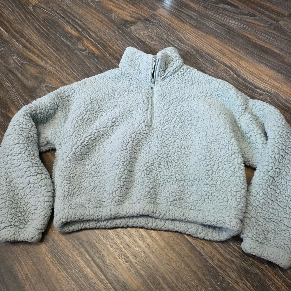 Hollister Womens Sage Green Sherpa Fleece Quarter Zip Cropped Pullover Small